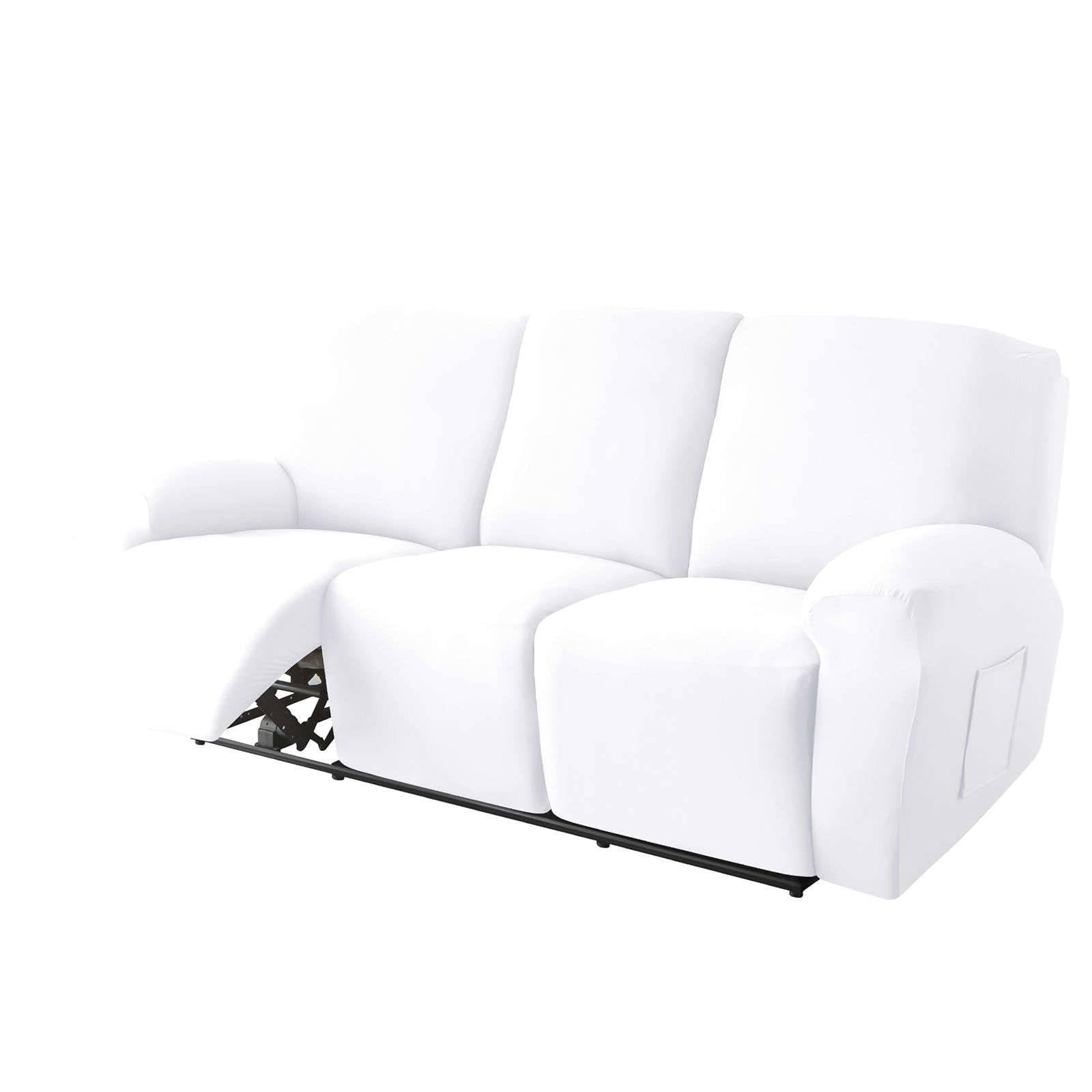 Polyester 8-piece recliner couch covers 3 Seat, Stretch Soft lazy boy reclining sofa slipcover with Pocket Armchair Covers For Kids Pets Cat Dog-White-3 seater