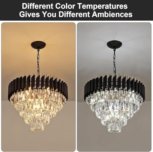 Image of Manraj Modern Crystal Chandelier, 500 mm Round, 3-Tier Black and Gold, K9 Crystal Ceiling Light Fixture for Living Room and Hallway (Black & Gold, 500mm)