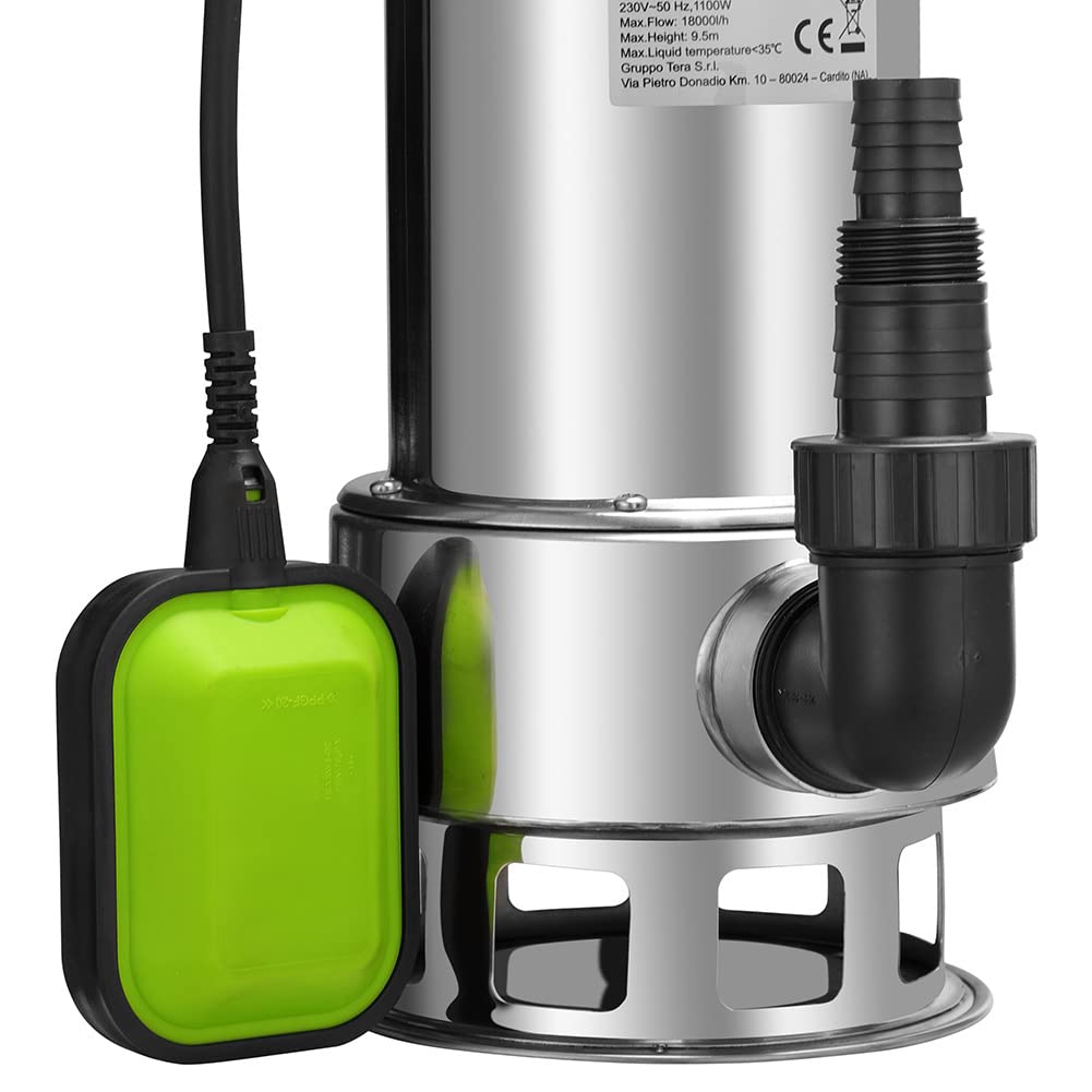 BAKAJI Pompa Immersione Pompa Sommersa Elettropompa Acque Scure Sporche e Pulite Con Galleggiante 1100 W Profondità di Immersione 7 M Lunghezza Del Cavo 10 M Motore in Acciaio