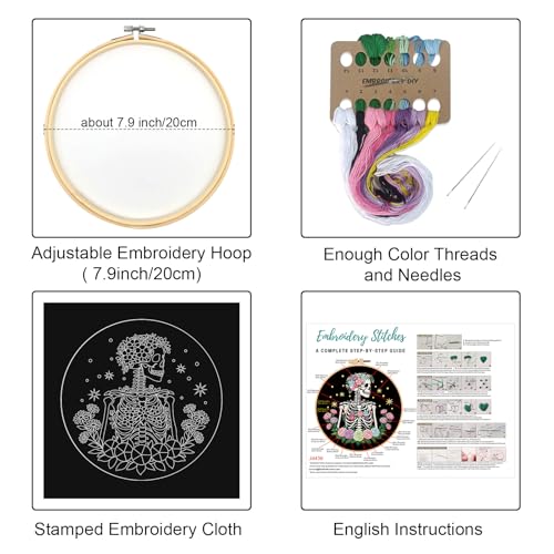 Image of Louise Maelys Halloween Skeleton Floral DIY Embroidery Kit for Beginners | Needlepoint Kit Includes Hoop, Fabric, Threads, Needles and Instructions. Skeleton Floral Rose Design for Cross Stitch Kits