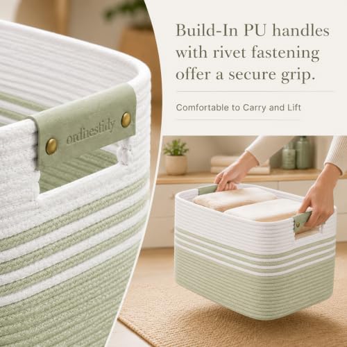 Image of 25.4GAL Collapsible Cotton Rope Extra Large Storage Basket For Bedroom Closet, Boho Rectangular Short Hamper Woven Storage Baskets for Living Room Throw Pillows Blankets Dirty Clothes, White Green
