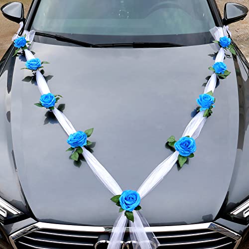 Décoration de voiture de mariage : Couple de roses Bleu roi