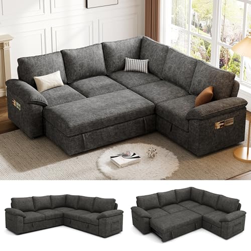 SUAWY 85 Inch Modular Sectional Sofa with Pull Out Bed L Shaped 5 Seat Sectional Sleeper Sofa with Storage Sectional Couches for Living Room Cloud Modular Couch Removable Sofa Cover Dark Gray