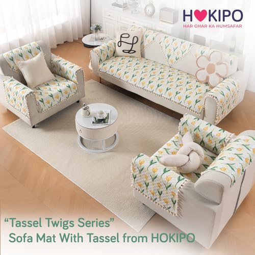 Image of HOKIPO Tulip Blossom 2 Seater Quilted Sofa Cover Mat with Tassels 'Tassel Twigs' Series (IN-983-T4)