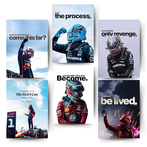 Image of Posters Inc Sports F1 Cars Motivational Posters for Wall A4 Size Aesthetic Setup 300 GSM Matte Paper Pack of 6 Automotive Motorsport Decor for Boys Gaming Room, Bedroom, Home & Office with Adhesive