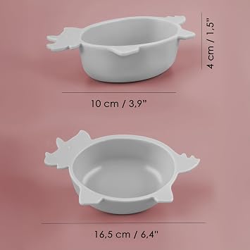 Meleni Baby 3'lü Hayvan Figürlü Silikon Bebek Mama Kasesi Seti - Şekilli Bebek Beslenme Kasesi Gri