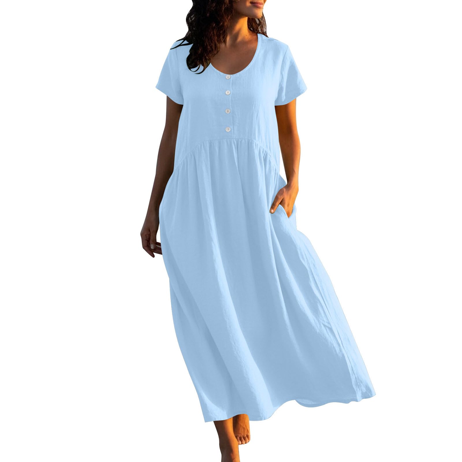 Aopir Women's Boho Beach Cotton Linen Dress Loose Flowy Short Sleeve Midi Soft Breathable Bohemian Summer Dresses