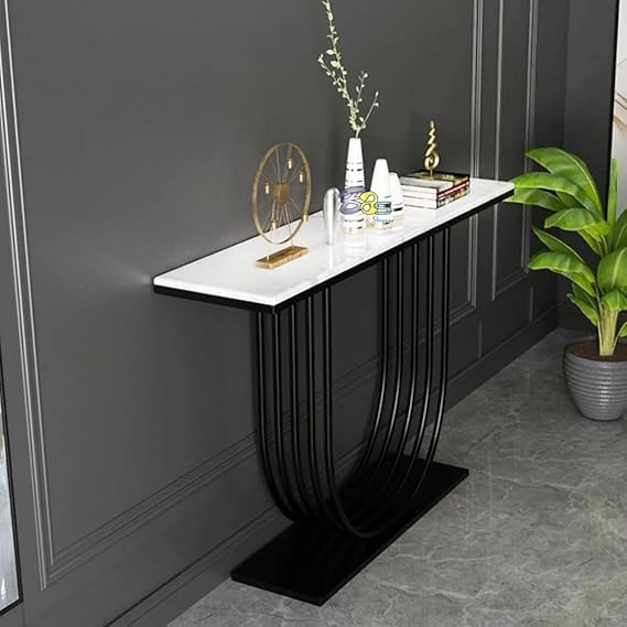FURNIFOX Console Table with Gold Base Foyer Table, Narrow Modern Hallway Table with Geometric Iron Legs for Living Room Decor (Black White)-image-28