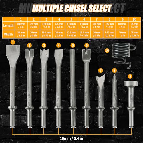 Image of 10pcs Pneumatic Air Hammer Chisels Set, Heavy Duty High Carbon Steel Pneumatic Air Hammer Chisels with 0.401 inch Shank, Pneumatic Chisel Tool Rivet Removal & Automotive Repairs, Includes Spring