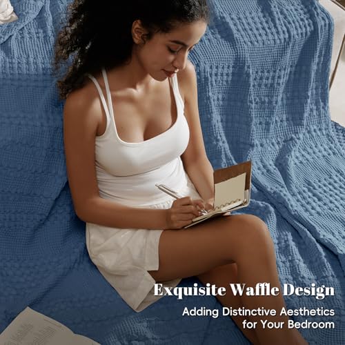 Image of PHF 100% Cotton Waffle Blanket King Size for Bed, Lightweight Breathable and Soft for Summer, Luxury Aesthetic Waffle Weave Blanket for Home Decor & Gifts for Women, 108 inchx90 inch, Denim Blue