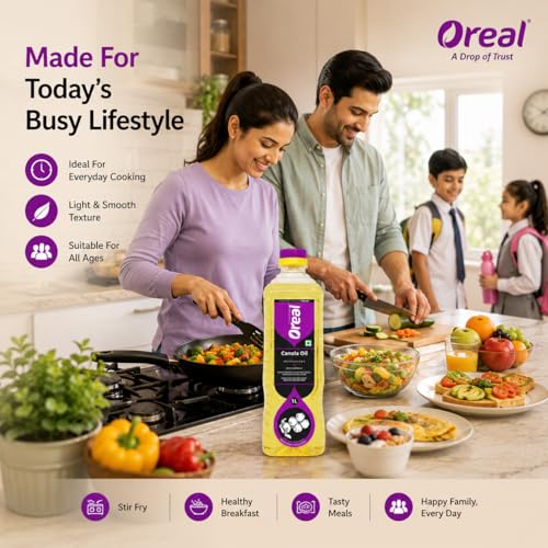 Image of Oreal Premium Pure Canola Oil, 1 Litre for Cooking | Natural | Chemical-Free | Healthiest Cooking Oil | Rich in Omega-3 and Omega-6 | Improve in Metabolisms & Keeps Active | Preservative Free Suitable for all Ages