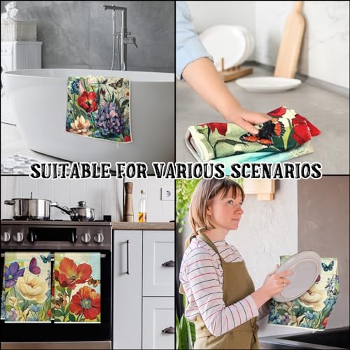 Tudomro QQ-TUDOMRO-2641 6 Pcs Oil Painting Flowers Kitchen Towels Spring And Summer Flowers Dish Towels Absorbent Soft Kitchen Fingertip Towels Colorful Flower Butterfly Towel Set 21X14 In thumb #5