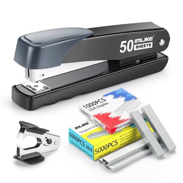Heavy Duty Stapler, IMLIKE 50 Sheet Full Strip Stapler, Anti-Jam Non-Slip with 5000pcs 26/6 Staples and 1000pcs 23/8 Staples, Staple Remover, for Home, Office, and Classroom, Black
