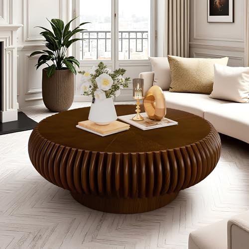 WXFKLDJ Table Basse Ronde Cannelée 80 Cm, Style Tambour Moderne en Bois, Idéale pour Le Salon. Table Basse en Relief Fabriquée À La Main avec Un Pied...
