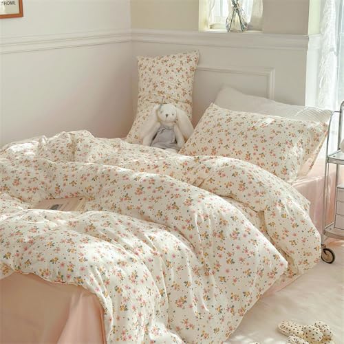 Sedefen Pink Duvet Cover Queen Yellow Floral Beddding Set 3 Pieces with Blue Botanical Spring Garden Flower Printed Coquette Comforter Cover for Kids Girls by Sedefen - Image 3