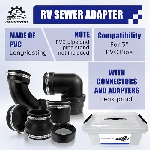 Image of RV and Camper Sewer Waste Plumbing Connection Kit for 3 inch PVC Pipe with Sewer Hose Fittings and Adapter