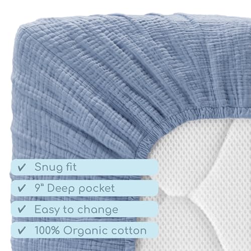 Image of Muslin Crib Sheets, 100% Organic Cotton, Breathable and Ultra-Soft, Standard Crib Sheet Mattress (28 inchx 52 inch) for Girls and Boys, Neutral Fitted Baby Crib Sheet (Blue)