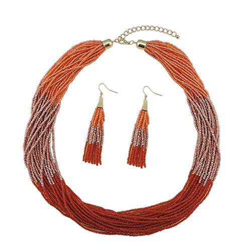 Bocar Multi Layer Beaded Statement Necklace Set Mix Strand Necklace and earrings for Women Gift (NK-10459-Orange)