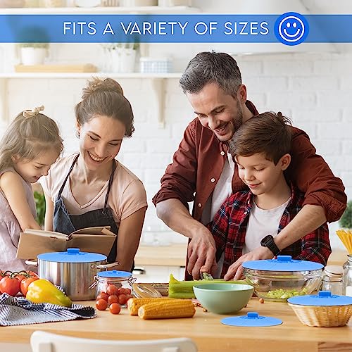 Silicone Bowl Lids Blue Set Of 5 Reusable Suction Seal Covers For Bowls, Pots, Cups. Food Safe. Natural Grip, Interlocking Handles For Easy Use And Storage. #TOP5