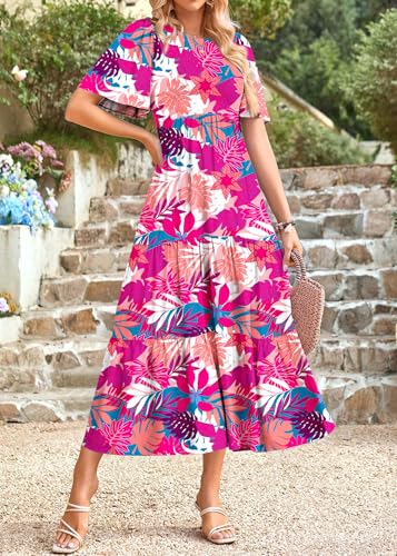 Image of KIRUNDO Summer Dresses for Women 2026 Spring Casual Flutter Short Sleeve Wedding Guest Smocked Flowy Tiered Aline Midi Dress