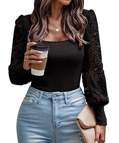 ASOMI Bluse Damen Elegant Pullover - Shirt Langarm Schulterfrei Swiss Dot Oberteile Tunika Puffärmel Top Frühling Herbst Winter 334 Schwarz Small