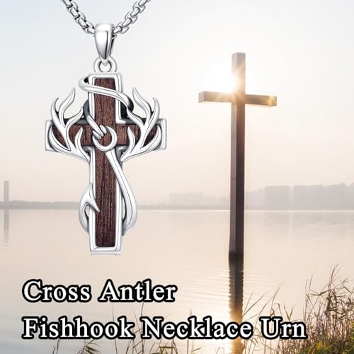 Cross Necklace for Men 925 Sterling Silver Cross Antler Fish Hook Necklace Pendant Deer Jewelry Birthday Christmas Hunting Religious Christian Gifts2