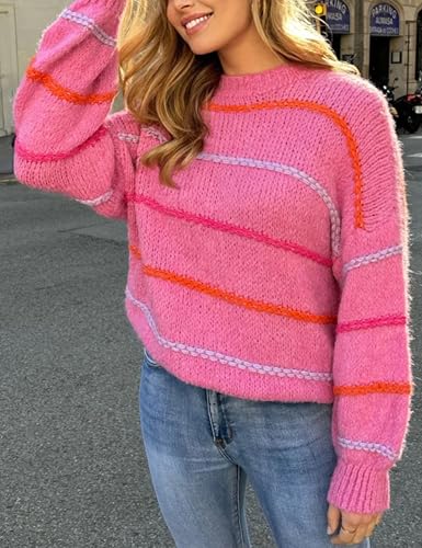 Image of QIBABU Womens Striped Sweaters Casual Lantern Sleeve Color Block Knit Pullover Sweater Tops