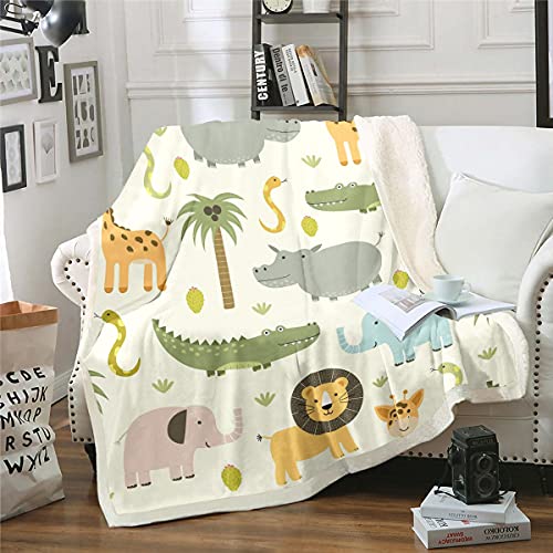 Nursery Cute Wild Animals Fleece Throw Blanket For Girls Boys Kids Cartoon Lion Giraffe Crocodile Plush Blanket Decor Nature Wildlife Sherpa Blanket Zoo Animal Theme Fuzzy Blanket Twin 60X80 Inch #TOP6