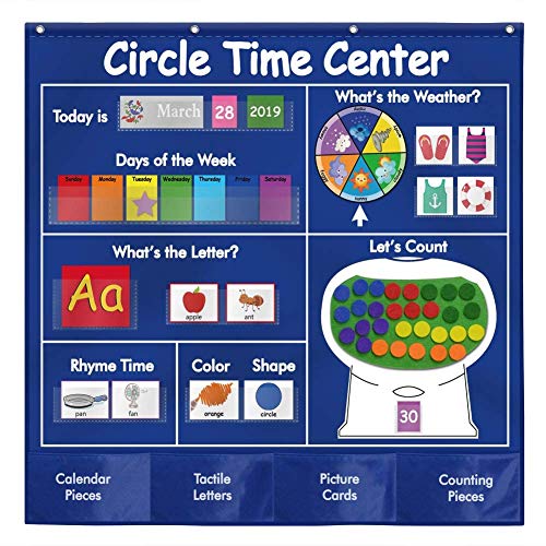 CSLU Circle Learning Time Center Pocket Chart Calendar Set, Educational Pocket Chart Learning Shape, Color Classroom Pocket Chart-Number Pocket Chart Wording Rhyme Pictures Pocket Chart