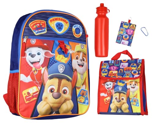 Paw Patrol Backpack | Kids 5 Pc Set | Chase Marshall Rubble Bookbag | Lunch Bag, Water Bottle, Carabiner Clip, ID Holder | Boys Backpacks for School