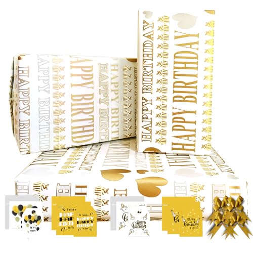 Papel de presente, papel de presente de aniversário 85 * 60 cm 4 folhas 4 corda de borboleta ouro, 2 cartões de felicitações, 4 etiquetas, papel presente para menina, criança, mulheres, homens, mãe