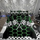 Picture of Manfei Racing Car Bedding Set for Boys Girls,Honeycomb Geometric All Season Cozy Comforter Set Full Size,Black White Checkered Flag Duvet Set Bedroom Decor,Personalized Birthday Gifts