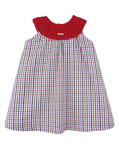 Foque - Vestido para niña de Cuadros Verdes, Rojos y Azules con Cuello de Punto Rojo. Hecho en España (2 años)
