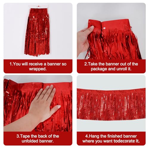 Image of BEISHIDA 3 Packs Metallic Foil Fringe Garland Laser Red Wall Hanging Tinsel Fringe Banner for Car Floats Bridal Shower Wedding Valentine's Day Birthday Anniversary Graduation Party Decoration(30 Feet)
