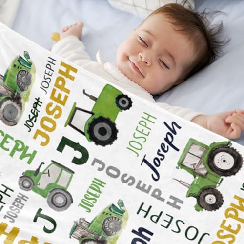 Image of Personalized Tractor Blanket with Name for Baby Boys Custom Blanket Trucks