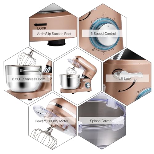 Image of Aucma Stand Mixer,6.5-QT 660W 6-Speed Tilt-Head Food Mixer, Kitchen Electric Mixer with Dough Hook, Wire Whip & Beater (Champagne, 6.5QT)