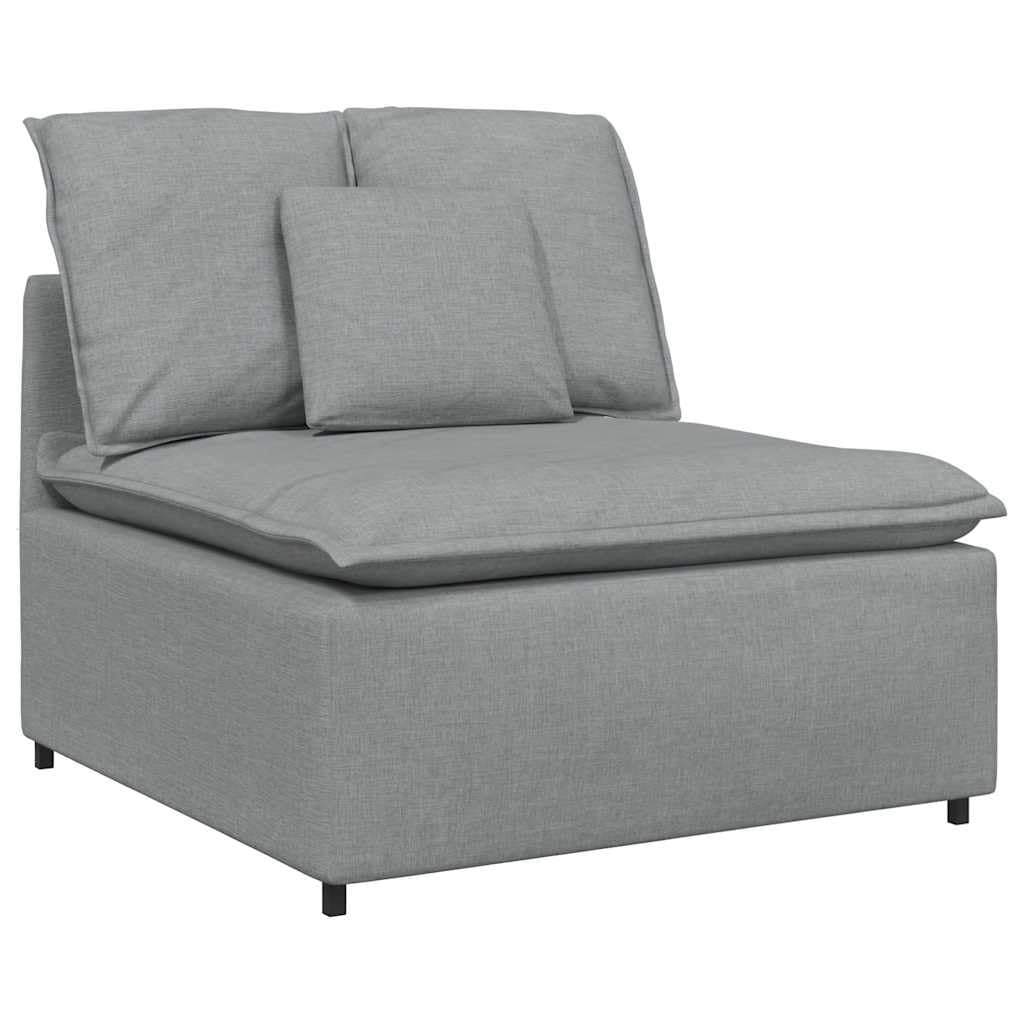 Modułowa sofa jasnoszara z podnóżkiem i poduszką, sofa do zabudowy, narożnik z metalowym stelażem, modułowy design, komfort siedzenia do salonu i wypoczynku