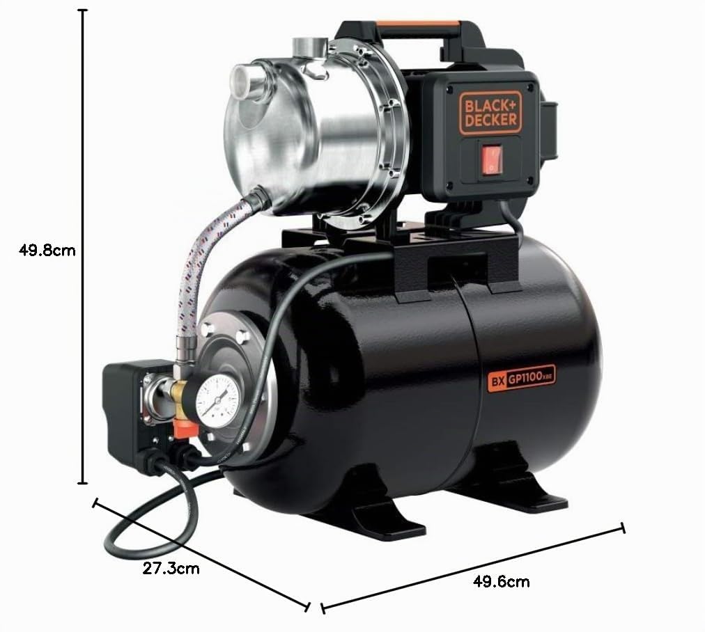 Black+Decker BXGP1100XBE Pompe autoamorçante avec réservoir pour eaux claires (1100 W, Débit max. 4.600 l/h, Hauteur d'élévation max. 45 m)