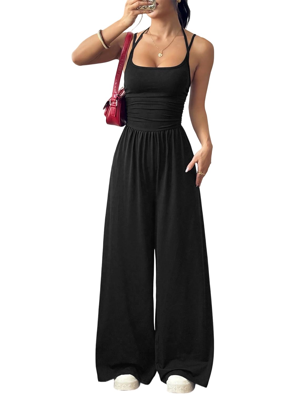 LIAMERHE Combinaison Femme Été Élégante Dos Nu Col Licou Sexy Pantalon Large Fluide Taille Haute Chic Sans Manches Jumpsuit pour Mariage Plage Décontracté Mode Barboteuse