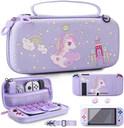 Purple Travel Case for Nintendo Switch Console & Aceessories, Waterproof Carrying Case with Unicorn Protective TPU Skin Cover, Screen Protector, Adjustable Shoulder Strap & 2 Cute Thumb Caps