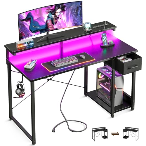 MOTPK Gaming Desk with LED Lights & Power Outlet, 40 Inch Computer Desk with Drawer, Reversible Desk with Monitor Stand & Headphone Hook for Bedroom, Black