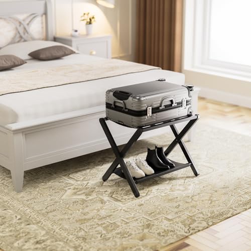 HITNET Kofferständer Schwarz, Bambus-Gepäckträger für Gästezimmer, Kofferablage mit Stoffablage, Kofferhocker für Hotel und Schlafzimmer bis 60kg