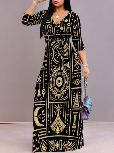 Image of PinkPatty Plus Size Maxi Dress for Women Casual V Neck 3 /4 Sleeve Boho Printed Long Dress with Pockets