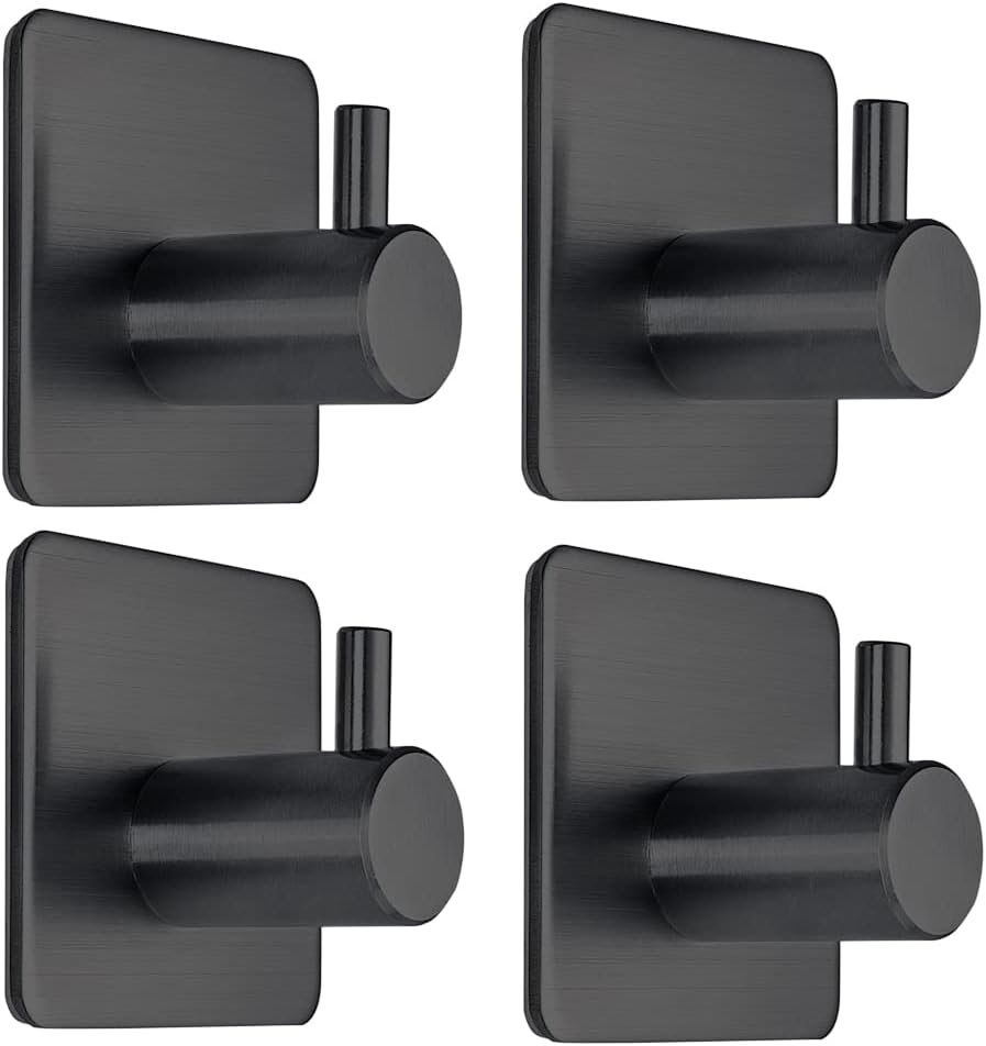 Black Adhesive Towel Hooks Heavy Duty Stick on Wall Hooks Shower Hooks for Bathroom Kitchen Door-4 Packs (Black) Thumbnail