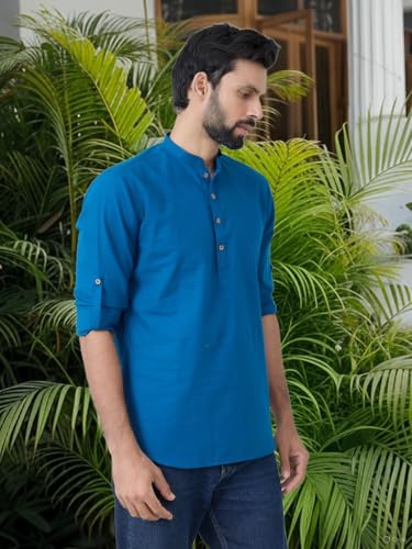 Image of See Designs Men's Roll-Up Sleeve Mandarin Collar Cotton Solid Short Kurta (Pack of 2) - Festive Collection