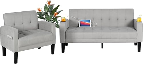 Miniatura 4 de AILEEKISS Juego de sofá de 2 piezas para sala de estar, sofá biplaza con 2 USB, portavasos, bolsillo lateral, tela moderna, juego de 2 sofás