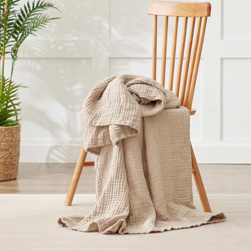 Image of 100% Cotton Muslin Blanket 40 inch x 40 inch, Breathable and Lightweight Cotton Throw Blankets, Soft Cooling Summer Gauze Blanket for All Season, Beige