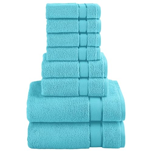 Image of Elegant Comfort Premium Cotton 8-Piece Towel Set, Includes 4 Washcloths, 2 Hand Towels and 2 Bath Towels, 100% Turkish Cotton - Highly Absorbent and Super Soft Towels for Bathroom, Aqua