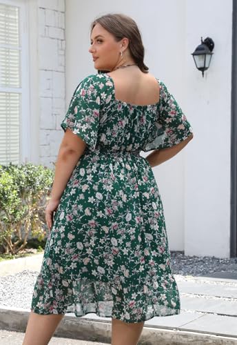 Image of Plus Size Chiffon Floral Dresses for Curvy Women Casual Summer A-Line Wedding Guest Party Dress with Smocked Waist
