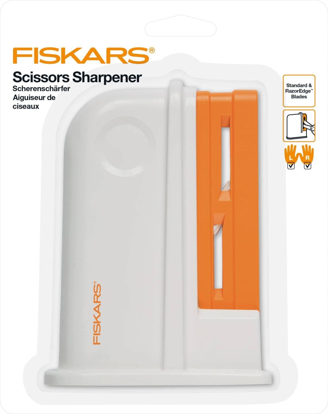 Fiskars Universal Scissor Sharpener, for Right- and Left-Handed PeopleScissorsn, Ceramic Grinding Heads/Plastic casing, White/Orange, 1020499